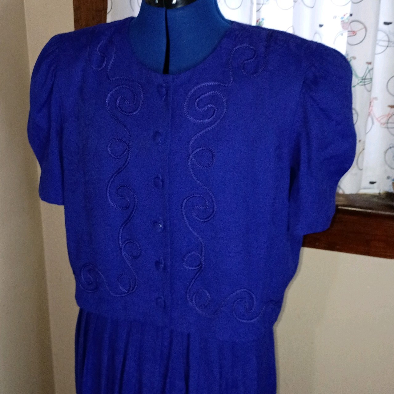 Vintage 80s 2 Piece Dress /Embroidery Jacket/ Puffy Shoulder Pads / Size 14