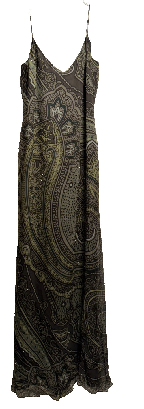 Vintage Allard Ellen Tracy Long Green Silk Sparkly Paisley Dress Gown Size 6