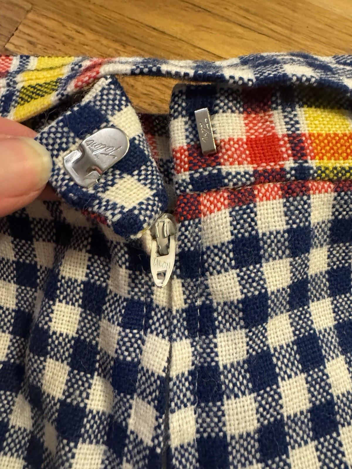 Cos Cob 70s Womens Small Blue Diagonal Plaid Skirt A Line Tie Waist Vintage