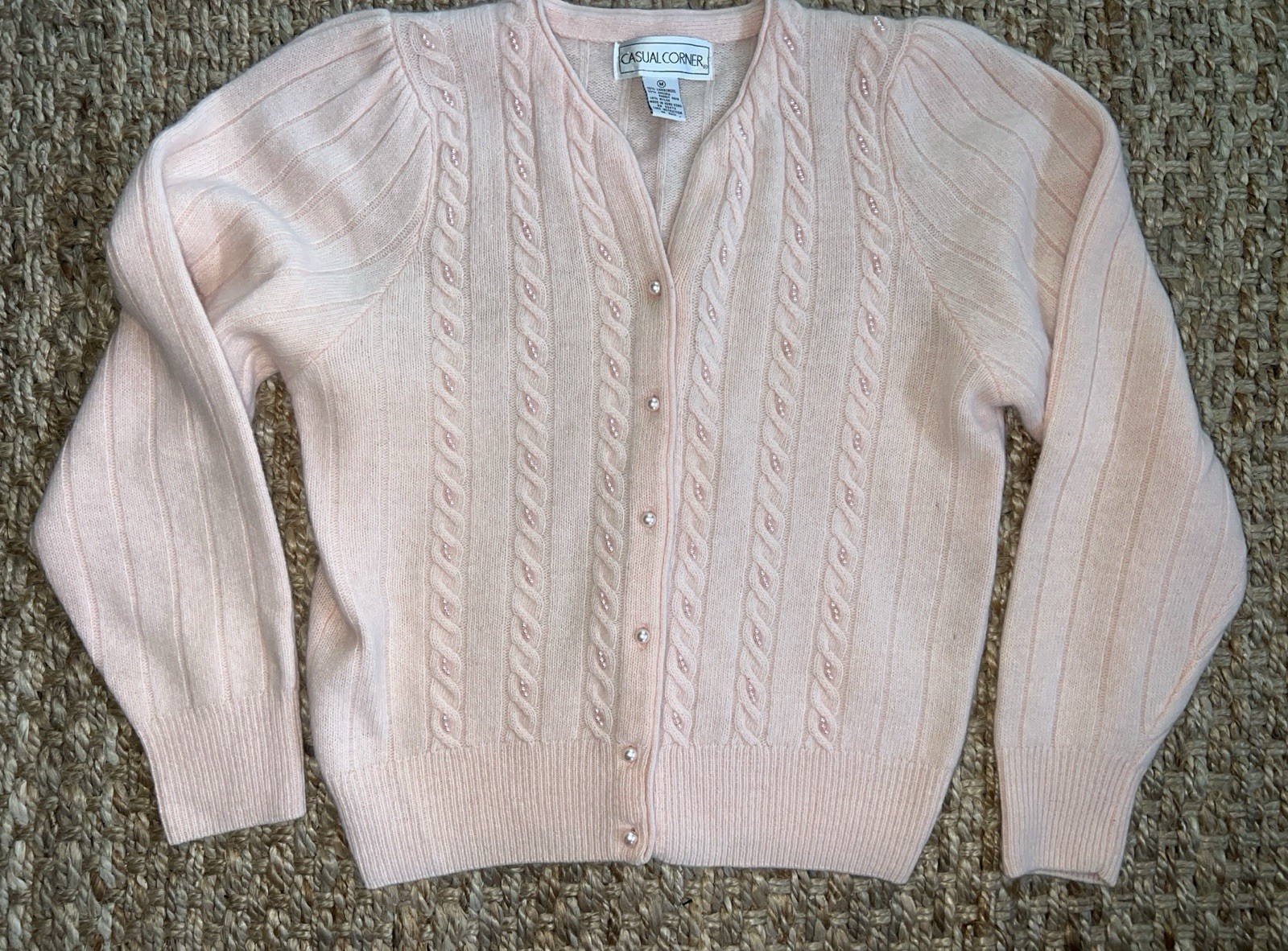CASUAL CORNER 80’s Vintage 90s Angora Pearls Lambswool Cardigan Sweater M Pink