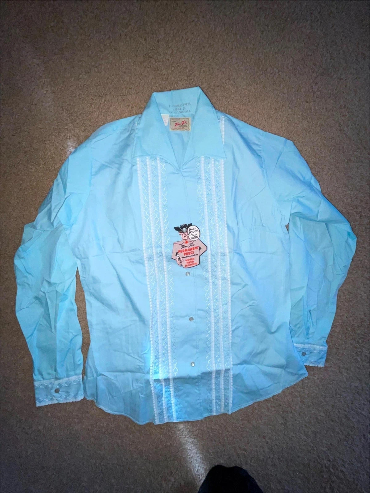 VTG 70S NEW WOMENS SMLXL RUFFLE WESTERN COWBOY BLUE BUTTON SHIRT
