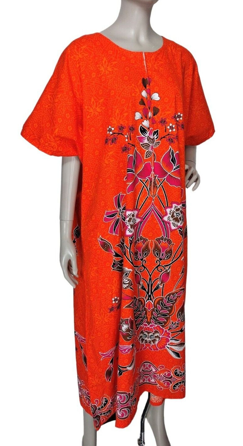Batik Orange Floral Hawaiian Zip-Front Vintage Muumuu Dress OSFM NWOT
