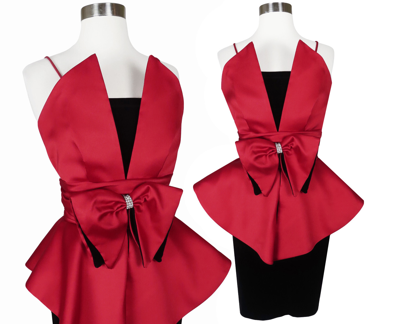 Vintage 80s Red Black Velvet Tuxedo Cocktail Party Prom Sheath Dress XXS XS