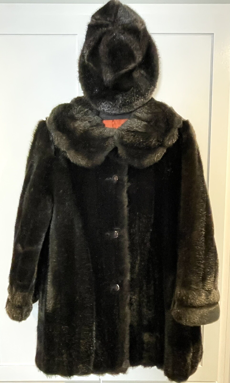 Vtg 1960 Black Faux Mink Fur Coat Shawl Collar Mar-Del Rice + Betmar Bucket Hat