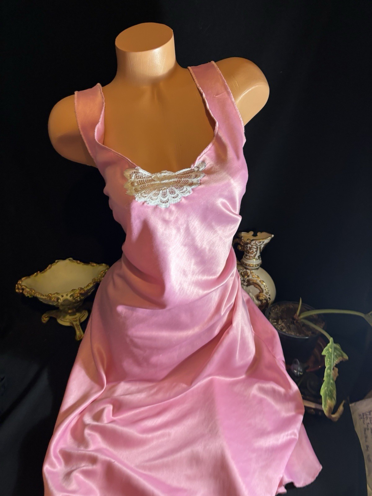 Vtg Satin Soft Pink Anastasia w Strips in gown Nightgown Negligee Gown w Lace
