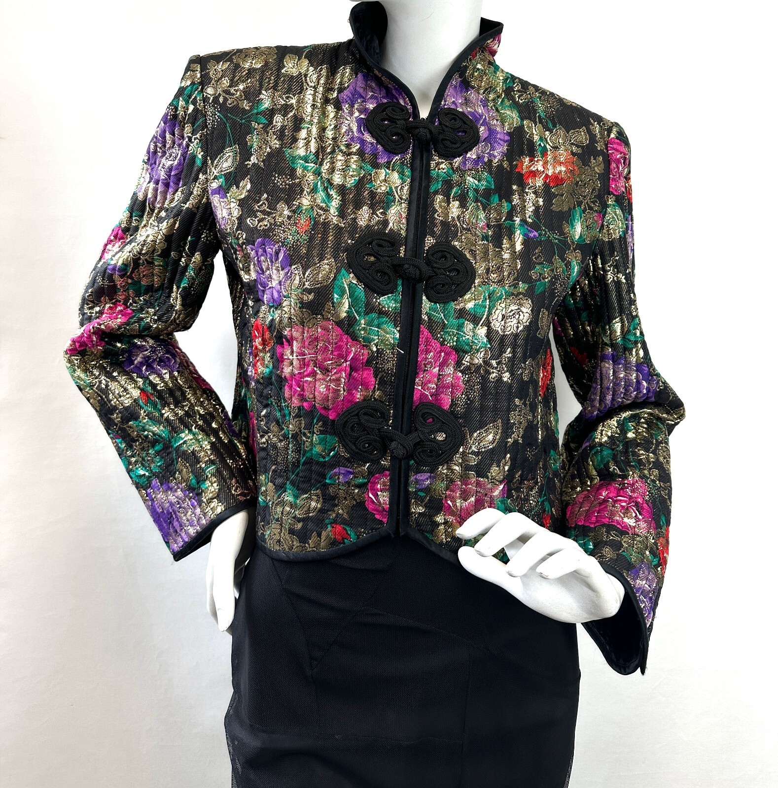 VALENTINO NIGHT Black Floral Multi-color Silk Jacket 8 1980’s VINTAGE
