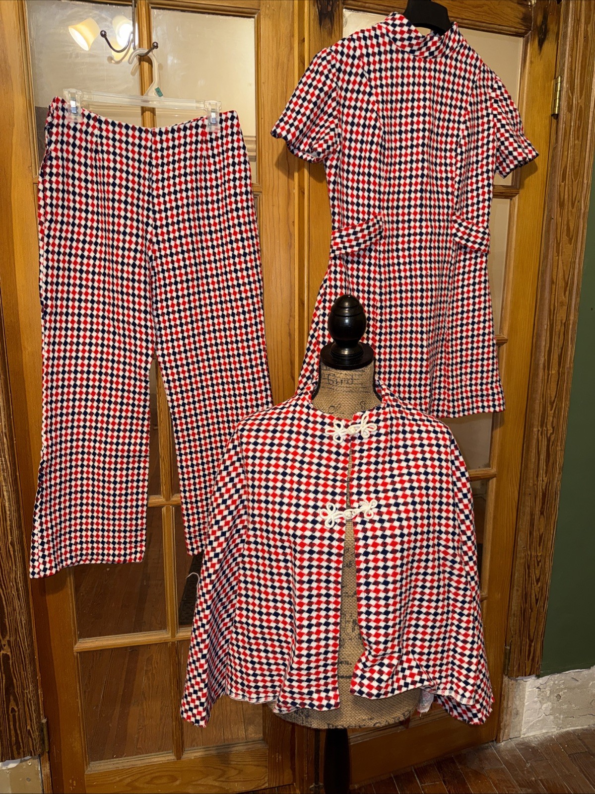 VTG 1960s Womens S/M 3 Piece Houndstooth Set Pants Dress Poncho Red White Blue