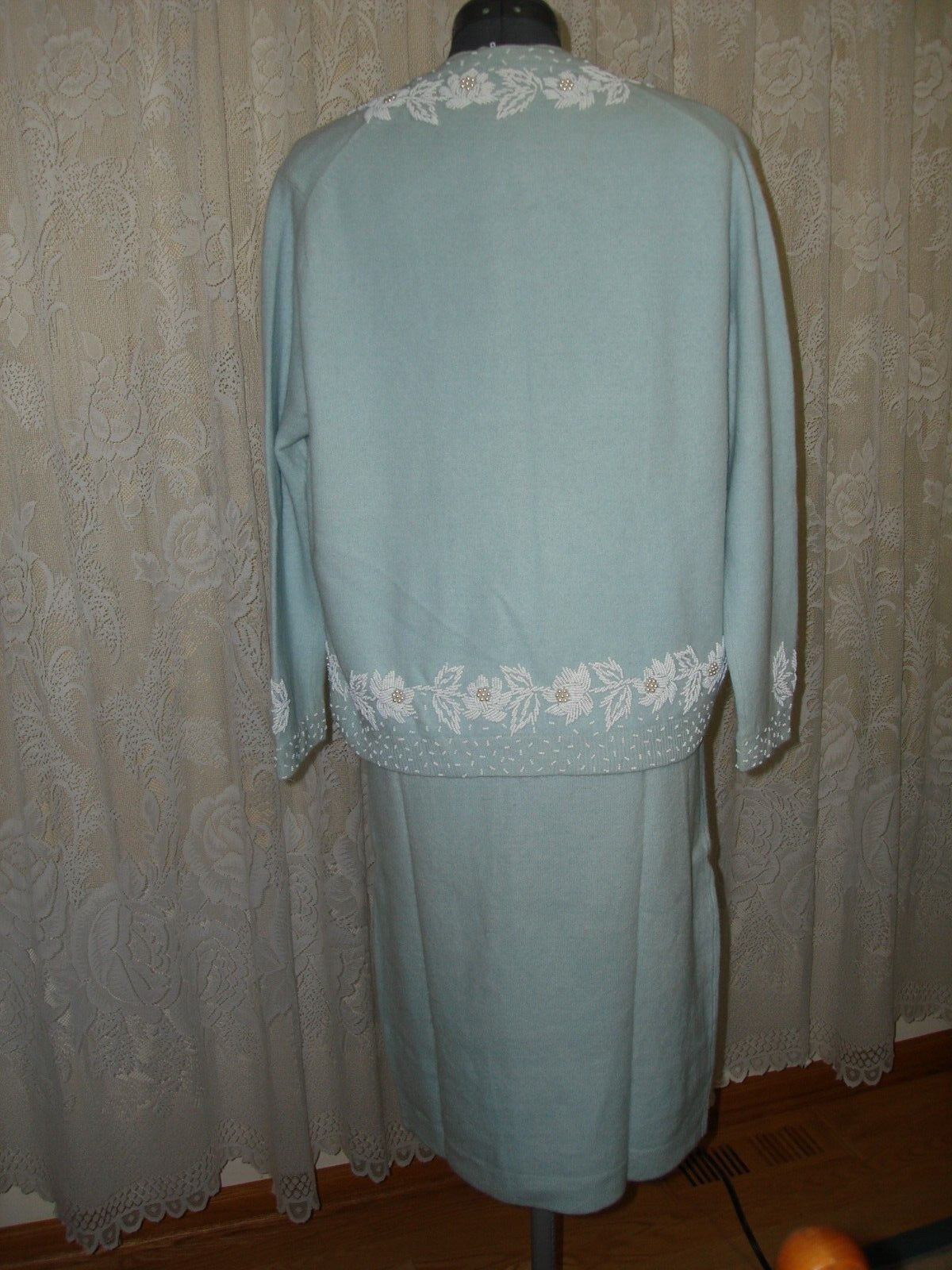 Vtg 50s Prince Beautiful Unique Set Dress Sweater Ice Baby Blue White Beaded M