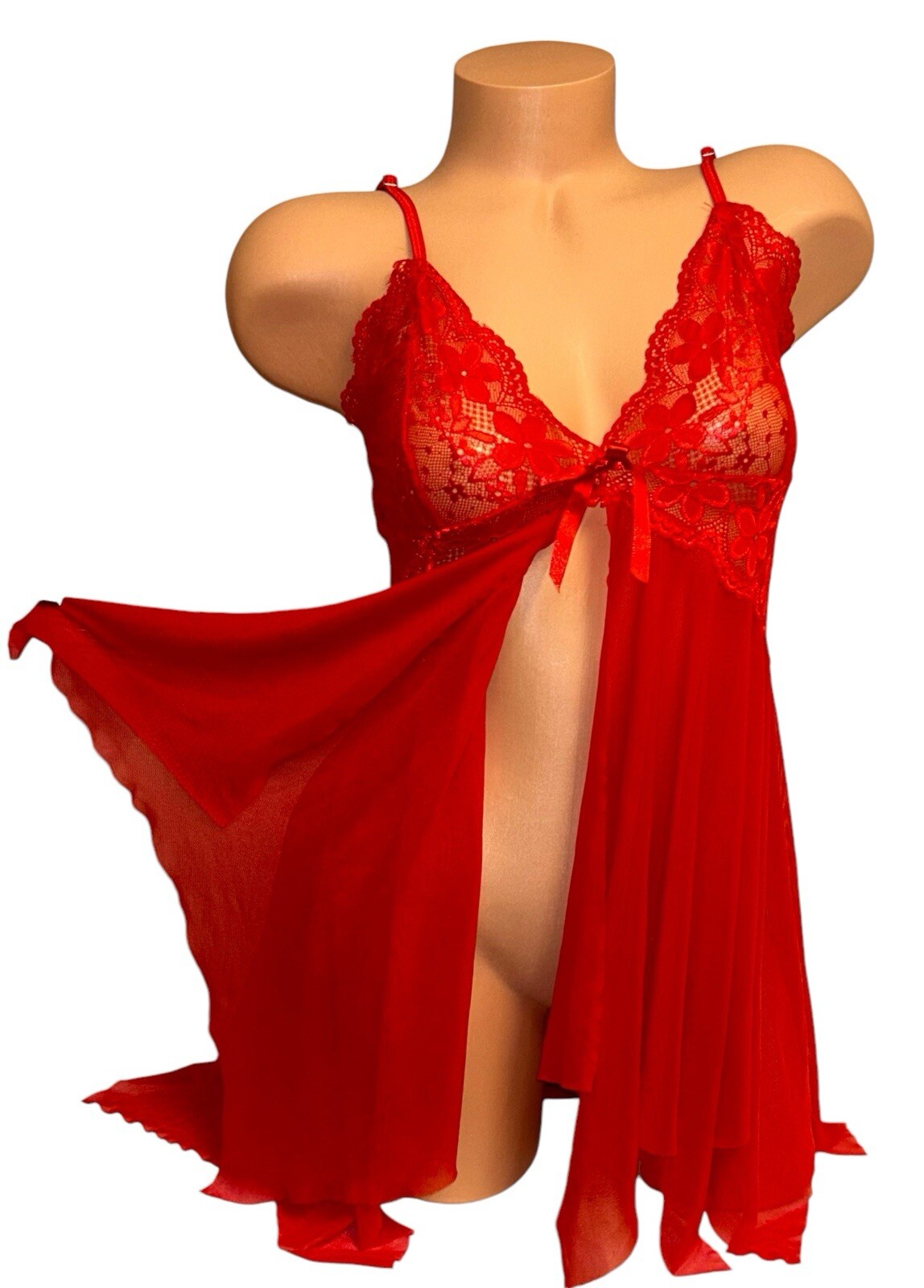 Vintage Red Shiny Sheer Peek A Boo Front Lace Nightie Womens XL NOS