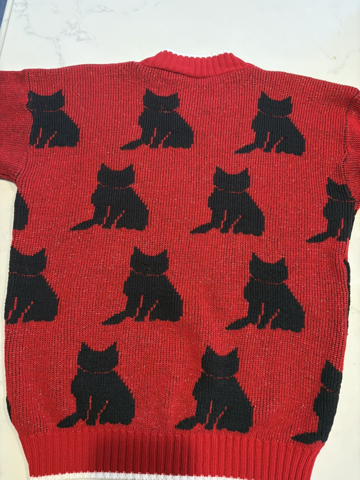 Vintage Red Metallic Cat Sweater with Black Cats and White Hearts Arielle Style