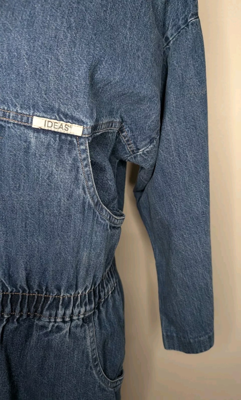 Vintage 1980s IDEAS Denim Jumpsuit Made In USA Medium Excellent Snap 3/4 Sleeves