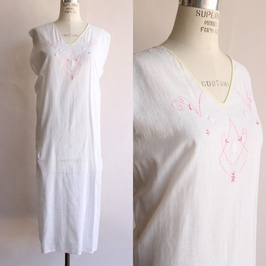 Vintage 1910s 1920s Nightgown, Volup Size Antique White Cotton Embroidered