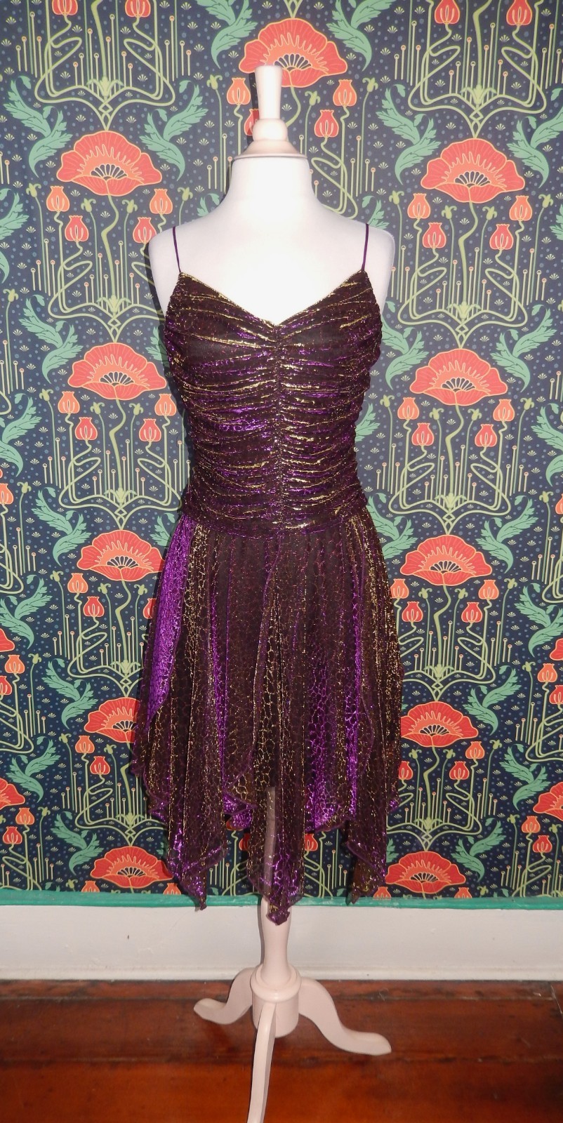 Vintage Y2K Purple Gold Whimsigoth Pointy Hem Party Metallic Slip Dress