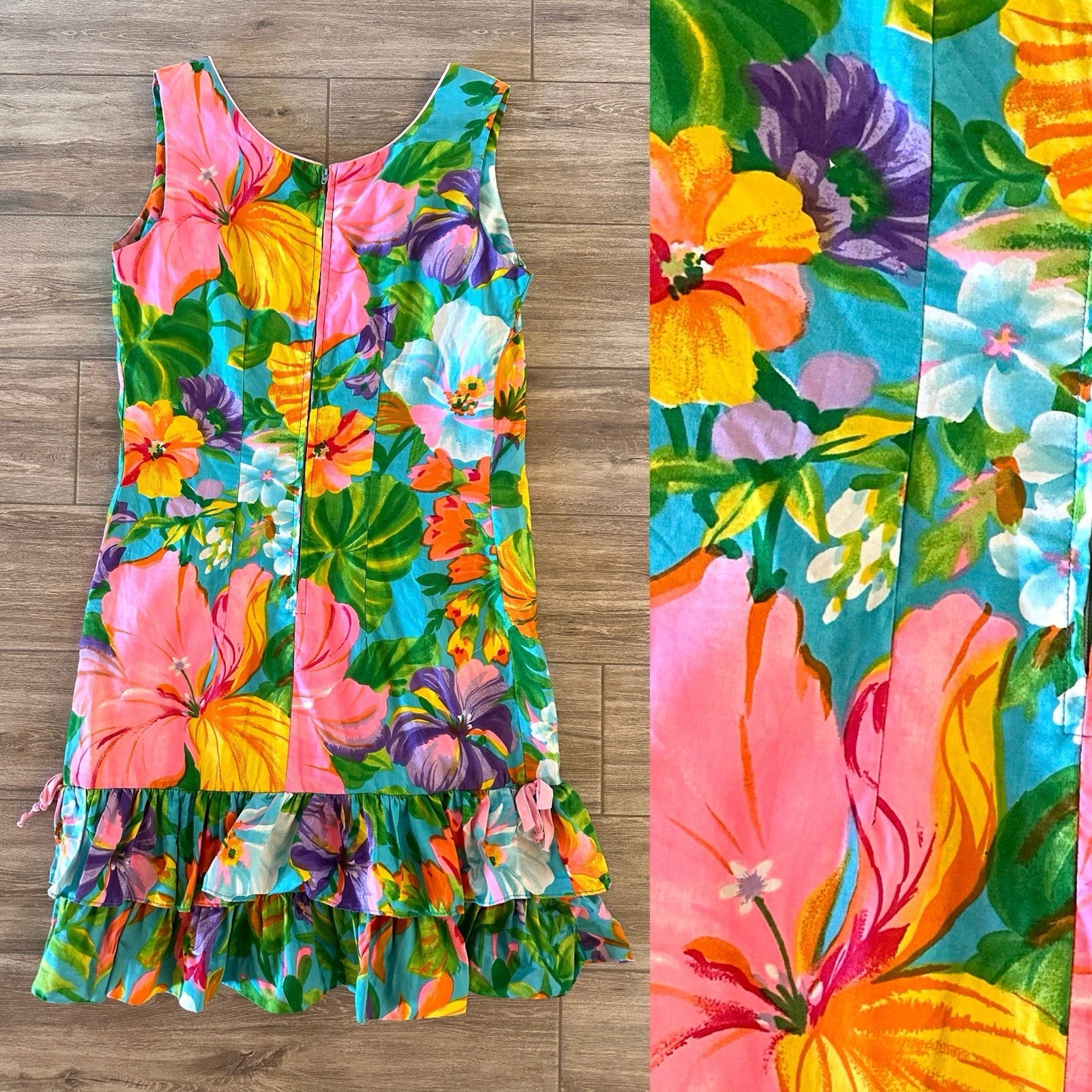 Vintage South Seas Hawaiian Colorful Tropical Floral Summer Dress Fits S-S/M