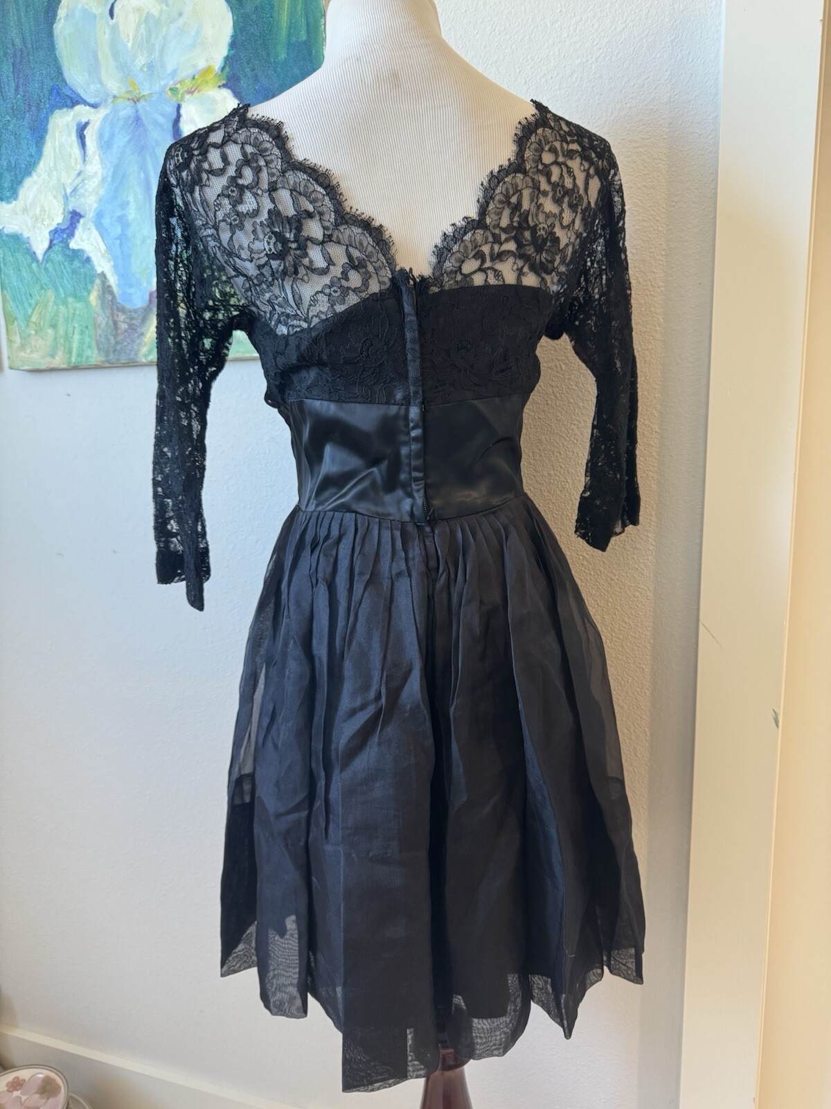 Vtg 60’s black lace fit & flare Silk Organza cocktail Mini Dress Med