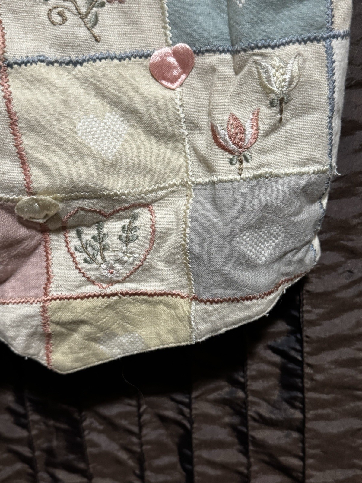 Tan Trums Hearts & Flowers Vest Cottagecore Lace Heart Buttons Cute Vtg 1990s