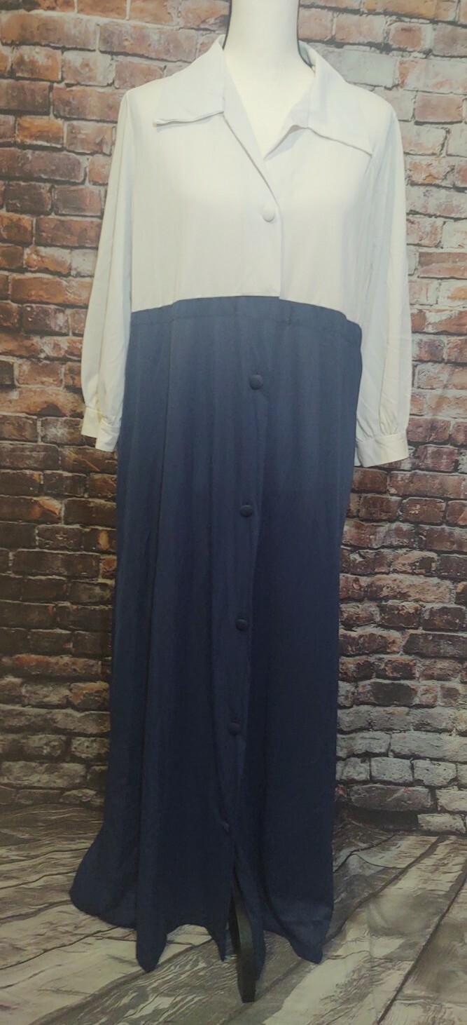 VINTAGE GRAY & NAVY BLUE BUTTON UP HOUSE DRESS HOUSECOAT ROBE LOUNGEWEAR M/L