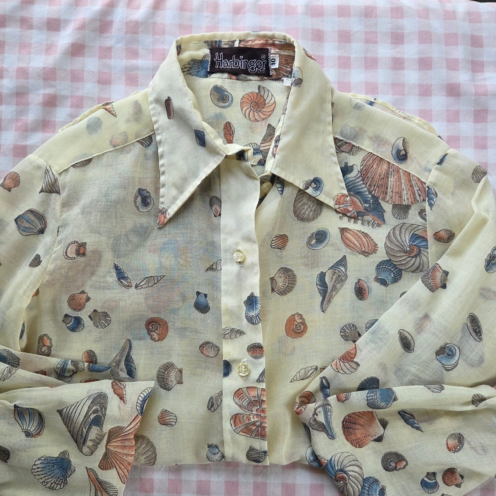 Vintage Harbinger Ltd Seashell Print Button Down Top Cream Coastal Nautical 10