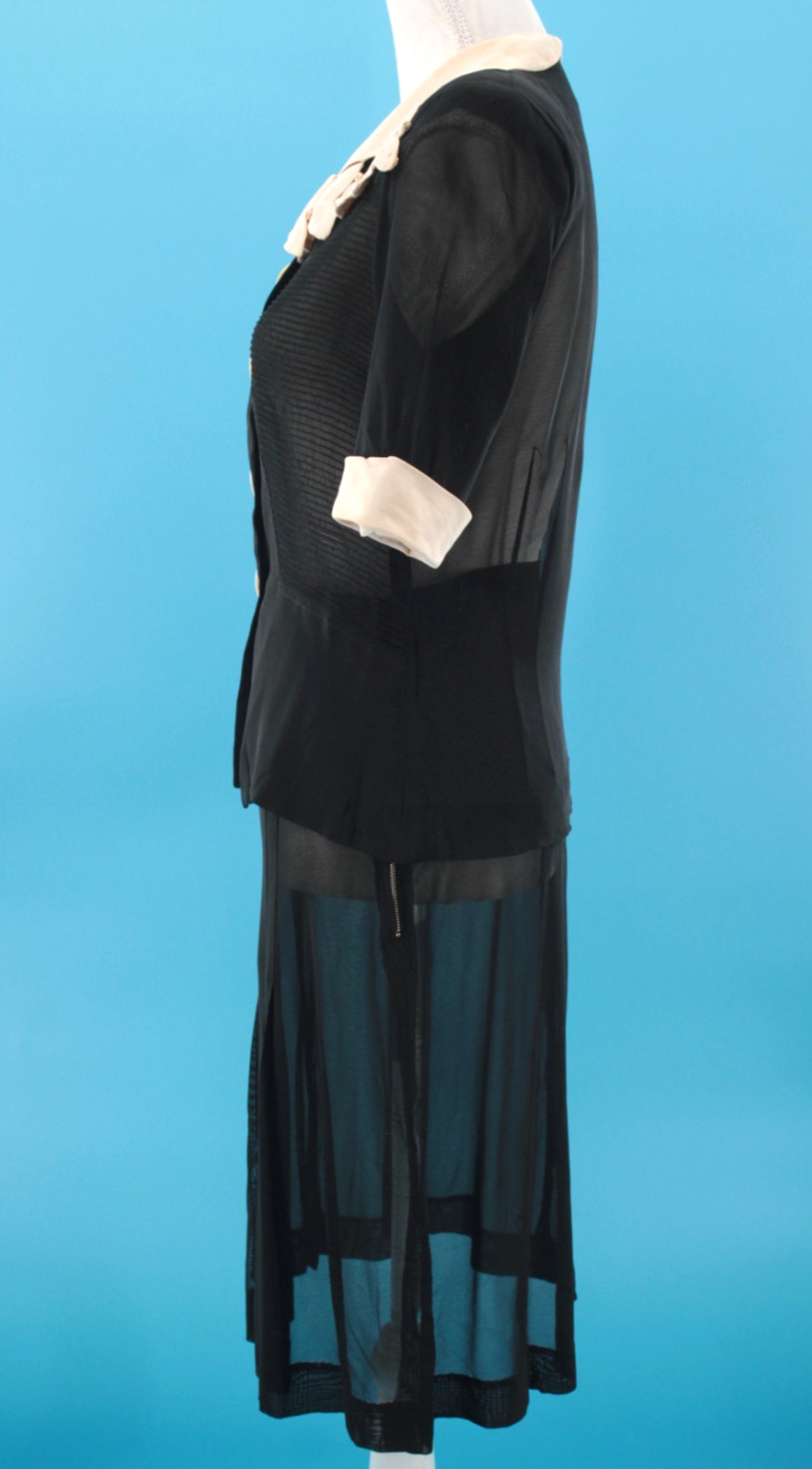 VTG Women’s 30s 2 Pc Black & Cream Trim Sheer Dress Set Sz S 1930s Dress Suit
