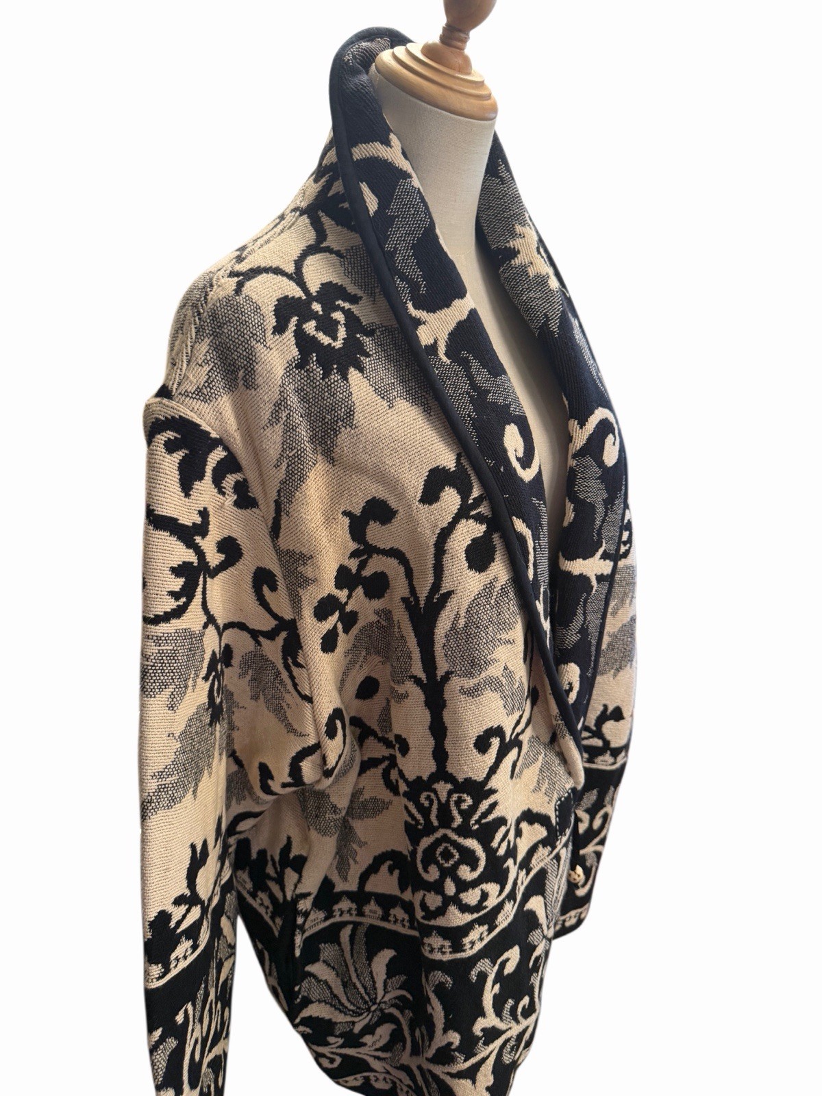 Vintage 90s Tapestry Blanket Coat Black & White Floral Woman’s 22/24W