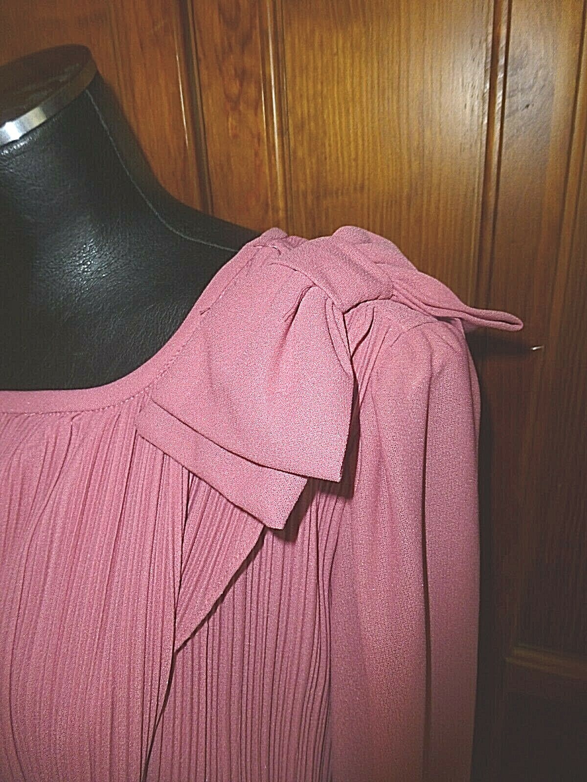 VTG 70s Micro Pleat Mauve Rose BOW Boho Cocktail Wedding Guest DRESS L XL