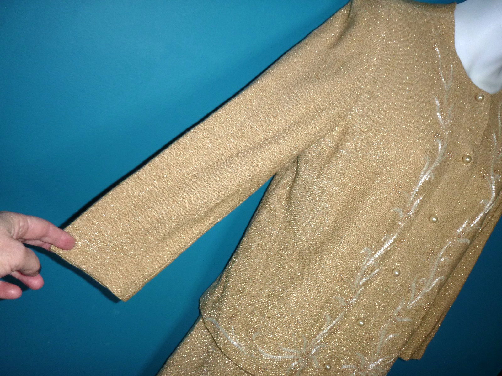 Vtg 60s Gino Paoli 2 Pc Wool Knit Cardigan & Skirt Set Gold metallic Beading S/M