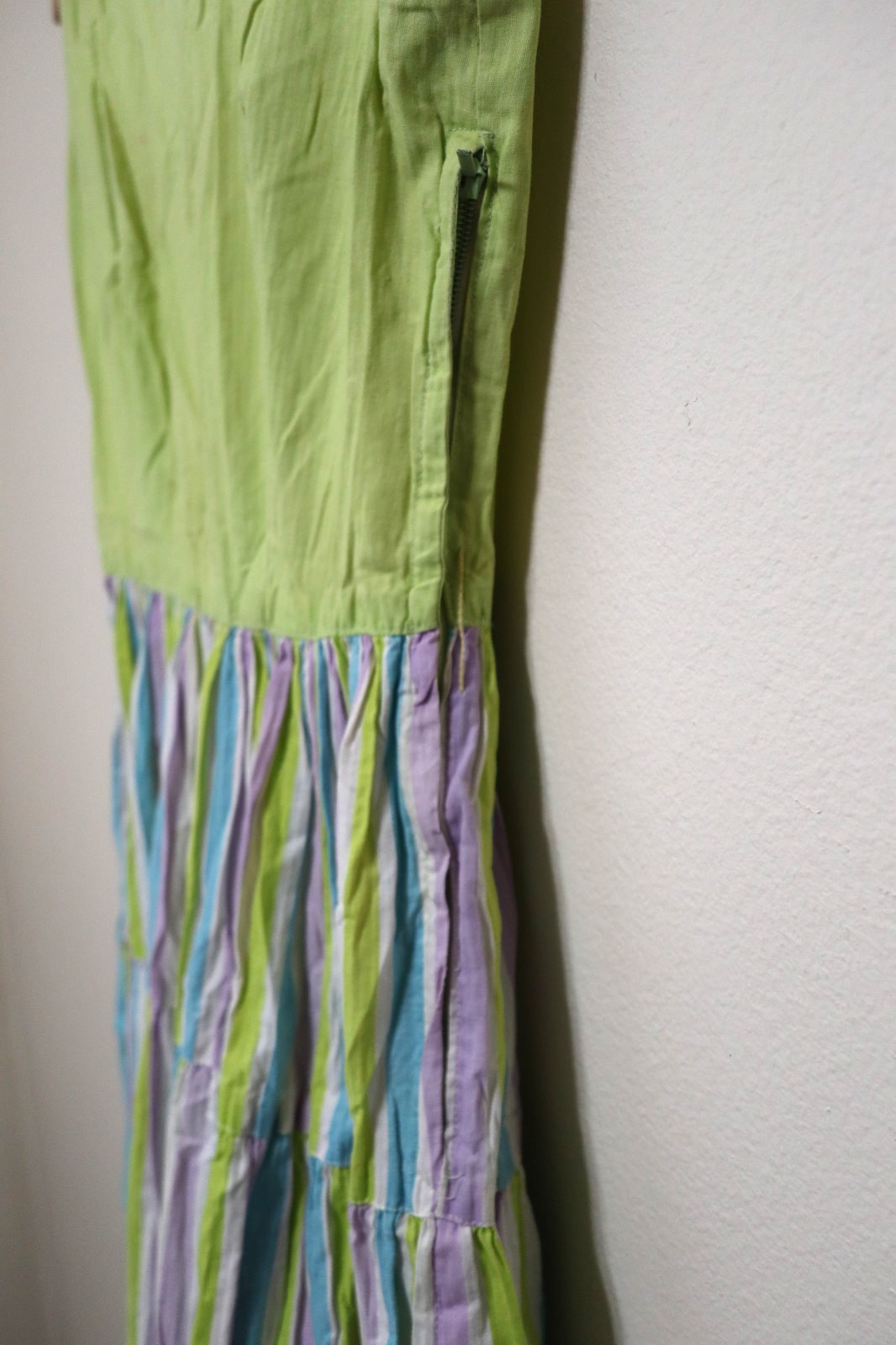 50s Abby Kent Chartreuse Stripe Sleeveless Tiers Full Skirt Day Dress Women XS 0