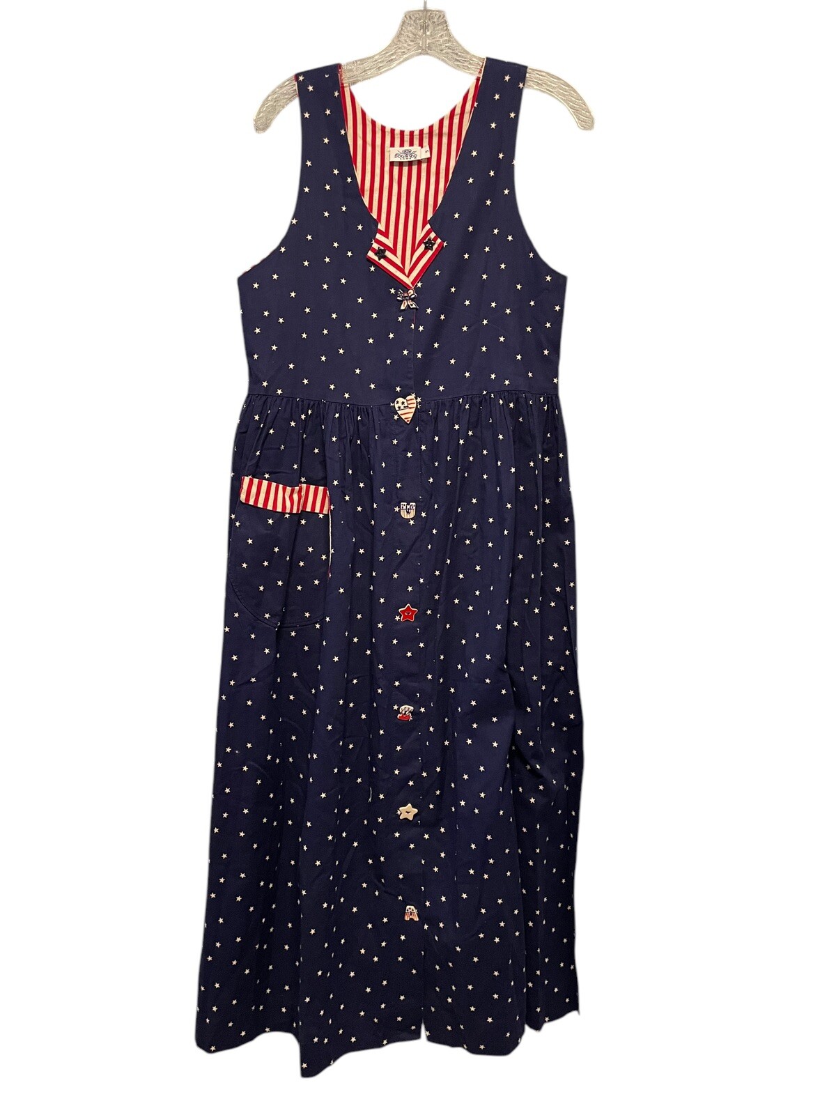 Vtg Dogwood Lane Dress Small Patriotic Navy Stars N Stripes USA American Flag