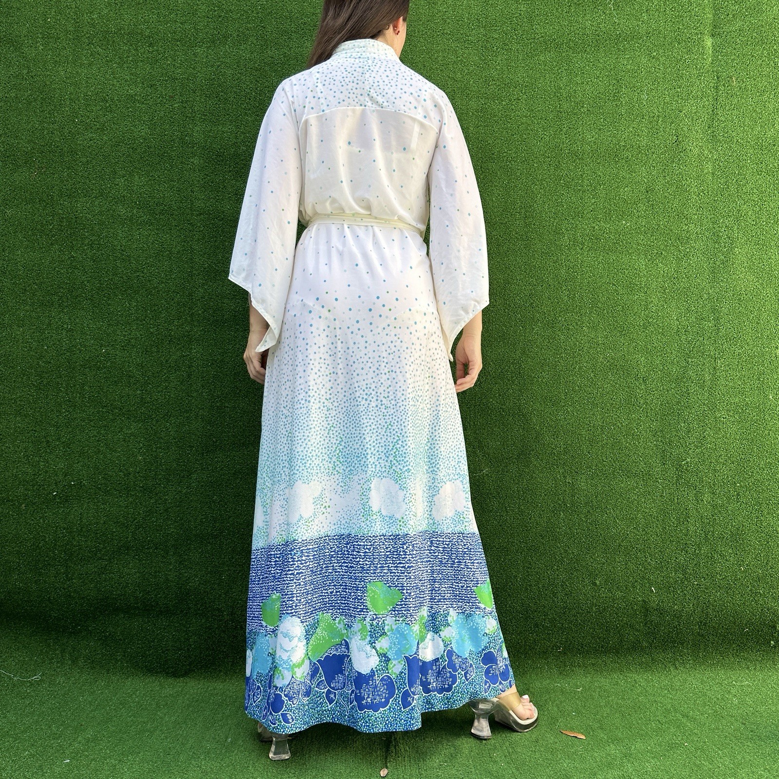 Vintage 70s White Polka Dot Floral Print maxi Robe Sears Size Medium 36