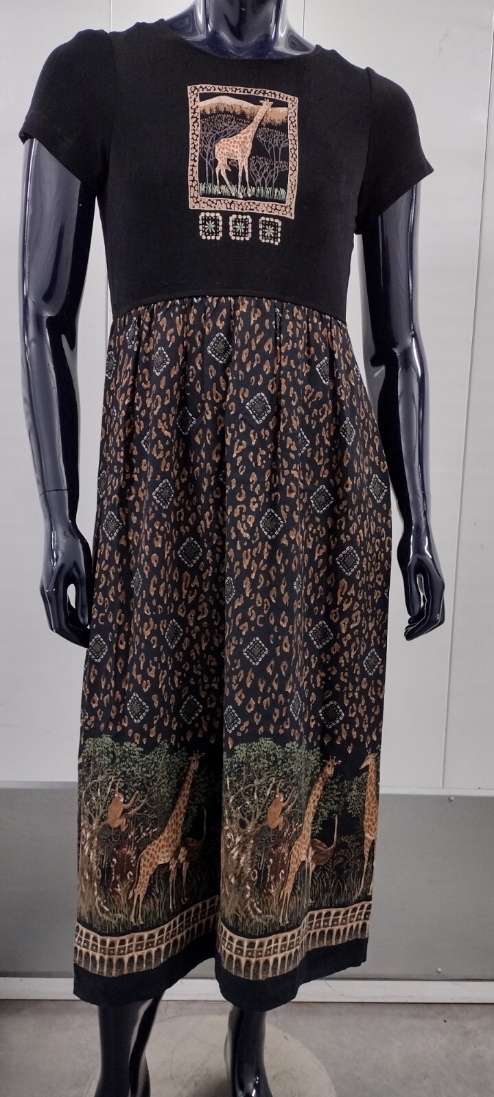 Vintage Black Giraffes Dress PROPHECY Midi Length Giraffe Zoo Size L SAG HARBOR