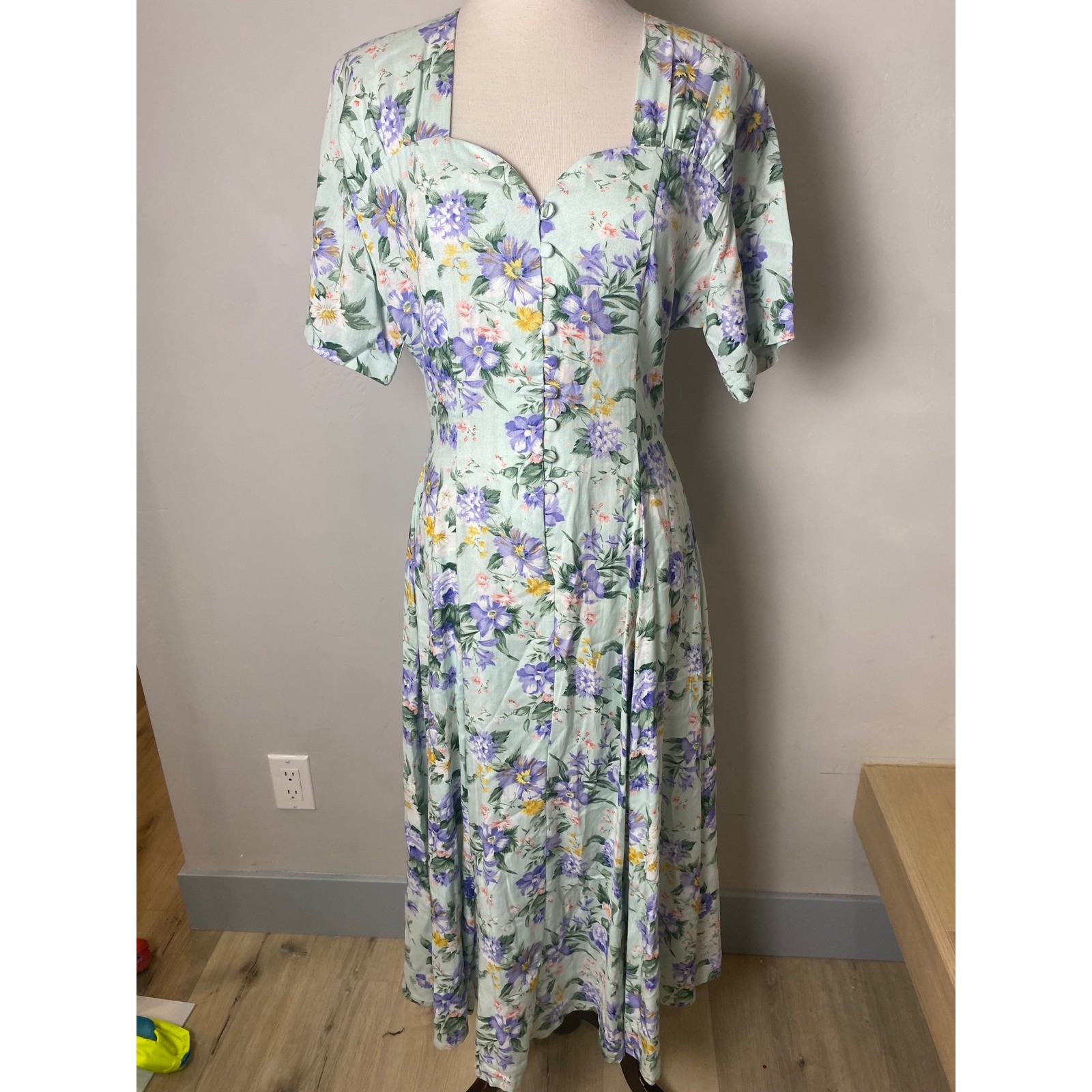 Ellen Ashley Vintage 90s Floral Maxi Dress Mint Green Purple Rayon Size 12 Boho