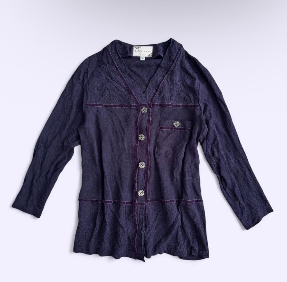 Vintage Bemberg Purple Cardigan Blouse Blazer Velvet Ribbon Brass Buttons USA