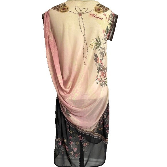 Desigual Elo Sheer Floral Chiffon Flapper Bejeweled Neckline Knee Dress – Small