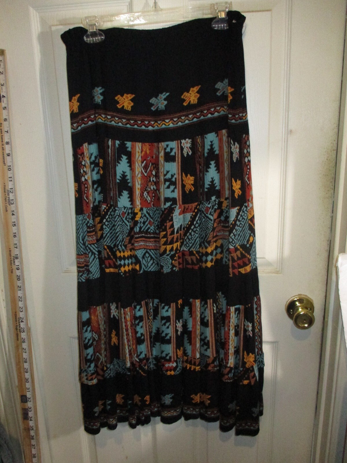 Vintg Carole Little St Tropez West Rayon Gauze Maxi Black Turquoise SW Print M-L