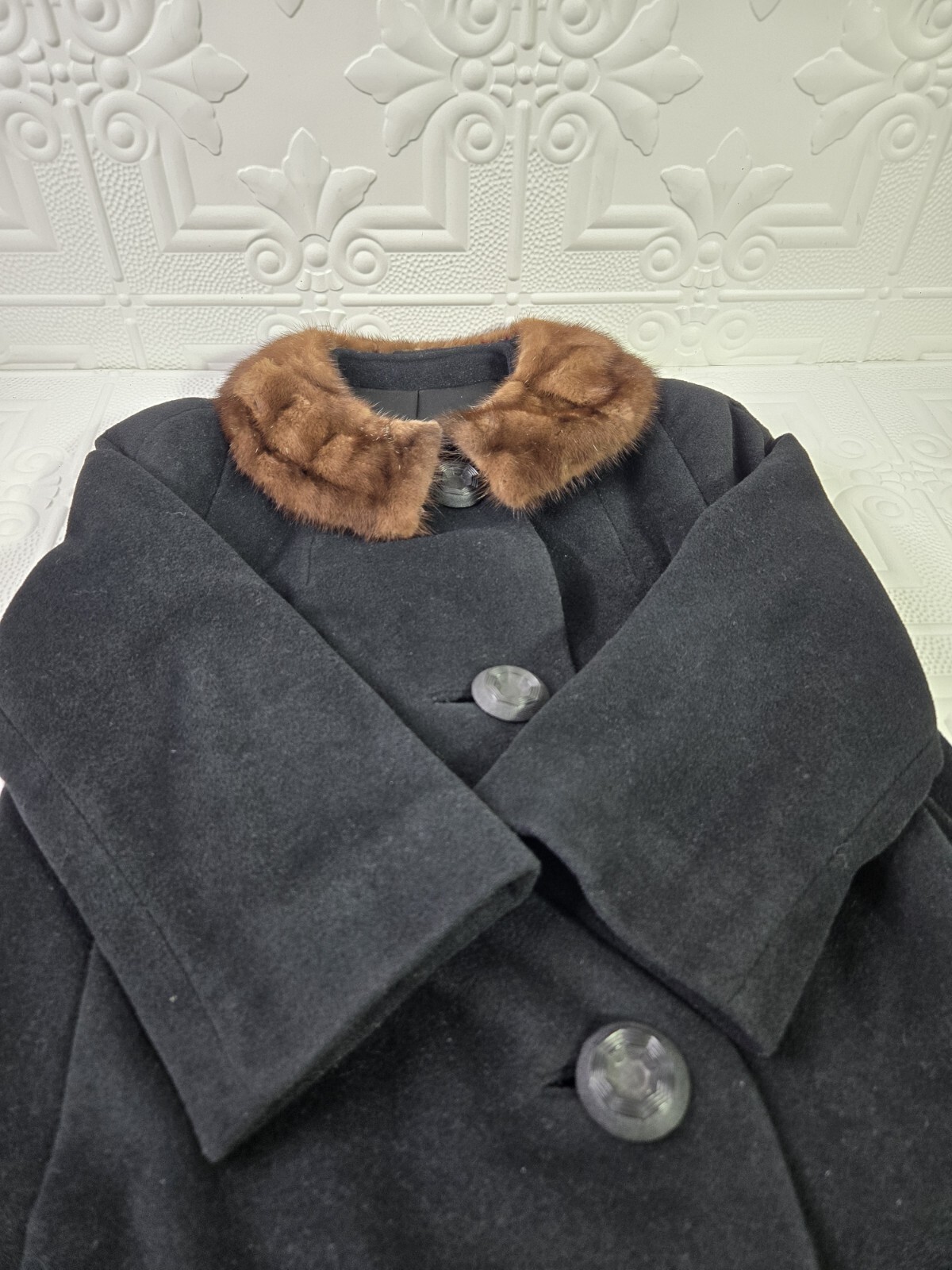 Vintage 40’s-60’s EINIGER Black Wool, Button-Down Fur Trim Collar Swing Coat