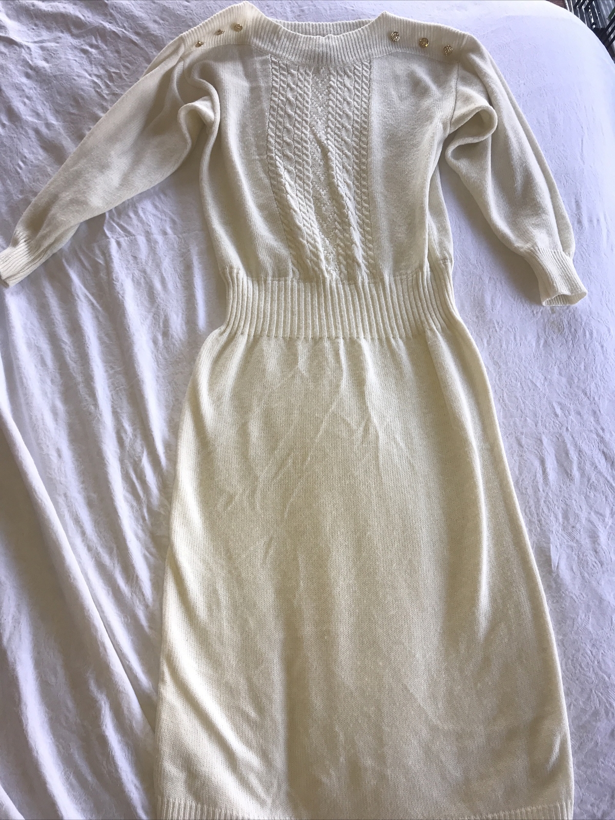 VINTAGE DARIAN Sweater Dress With Buttons 80s Womens Cream Ivory Sz M New