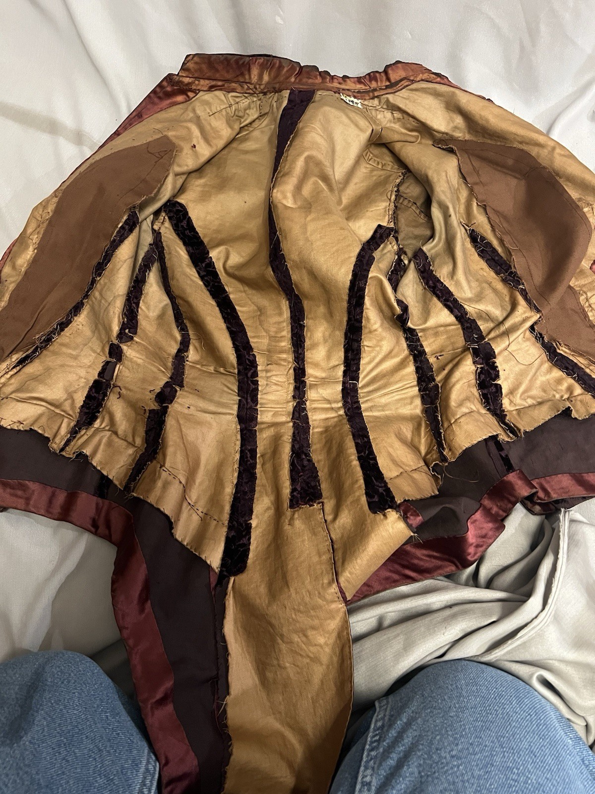1880’s Burgundy Figured Velvet & Merlo Silk Satin Bodice
