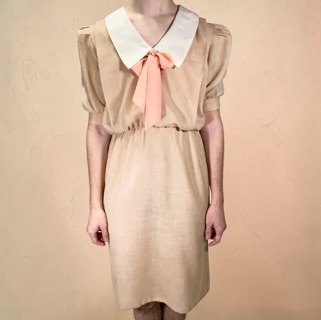 Vintage Avon Fashions Oatmeal Beige Midi Dress White Sailor Collar & Peach Bow