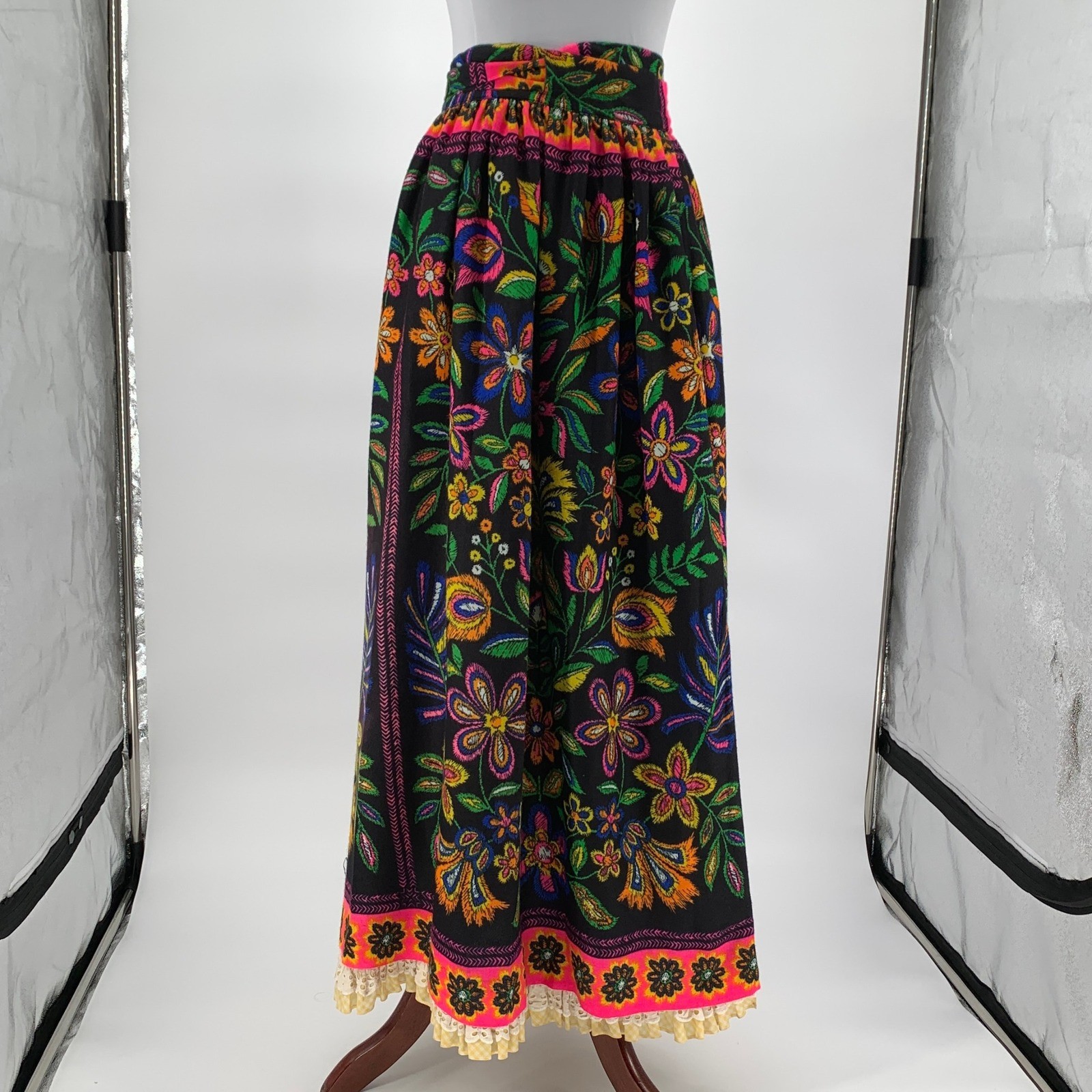Vintage Joseph Magnin Floral Wrap Skirt Black Neon Pink Gingham Lined Boho 9