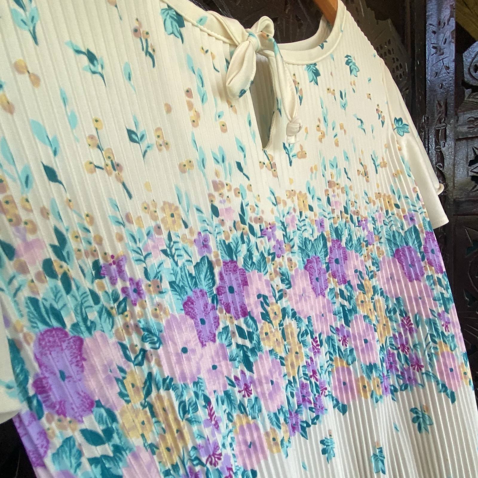 VTG Handmade Floral Leaf Pleated Dress Womens S/M Pastel Cottagecore Prairie S/S