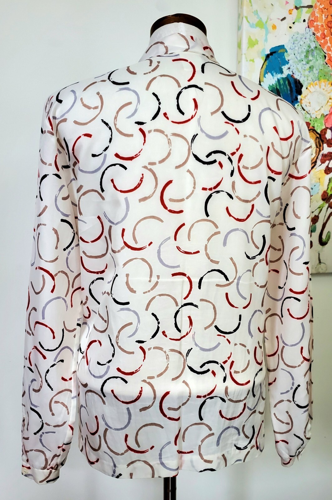 Vtg 80s Manor Park Cream Geometric Prints Front Tie Bow Button Up Blouse Sz L/XL