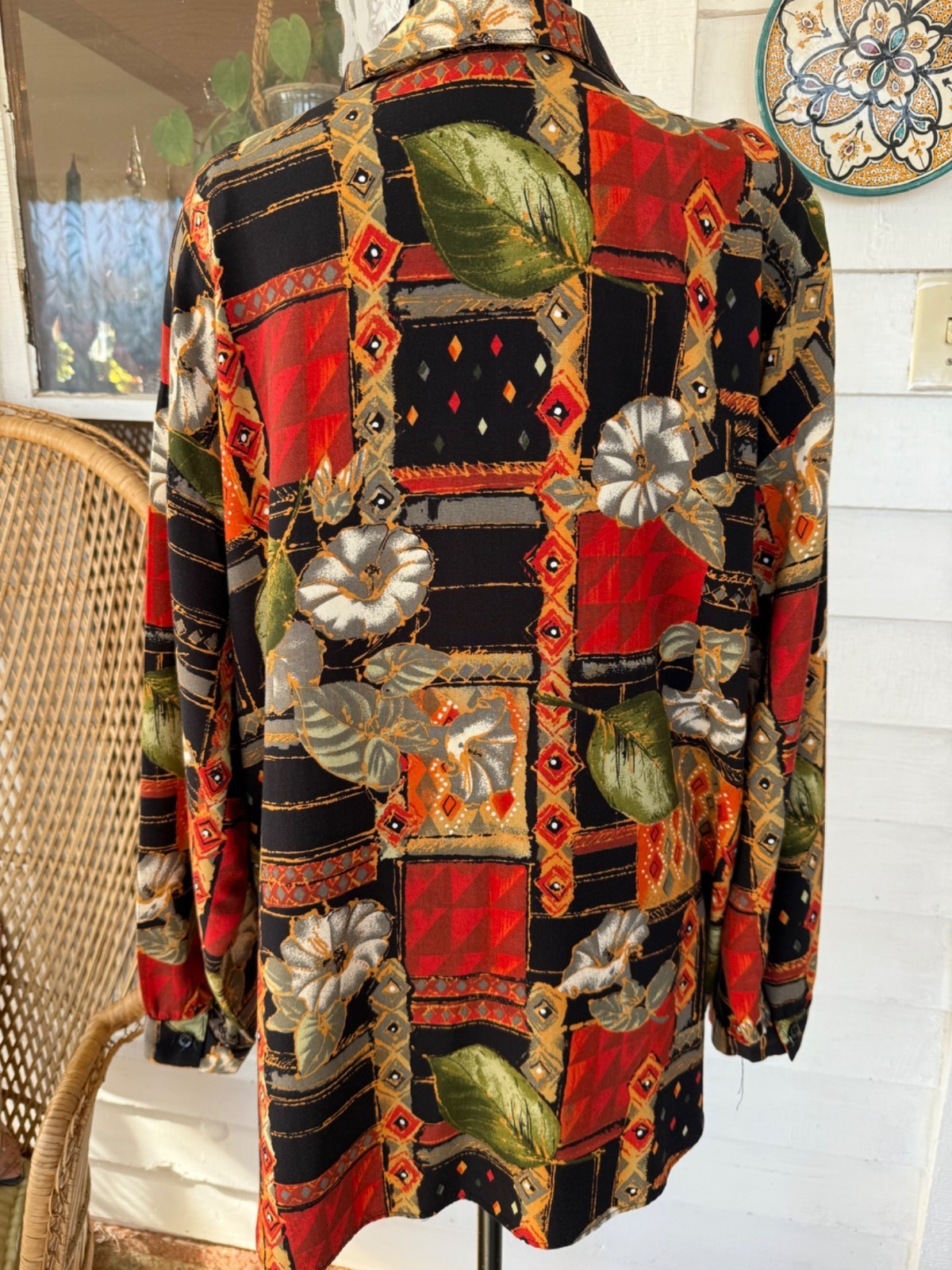 Vintage 80s Abstract Floral Oversized Rayon Long Button Blouse Size M/38