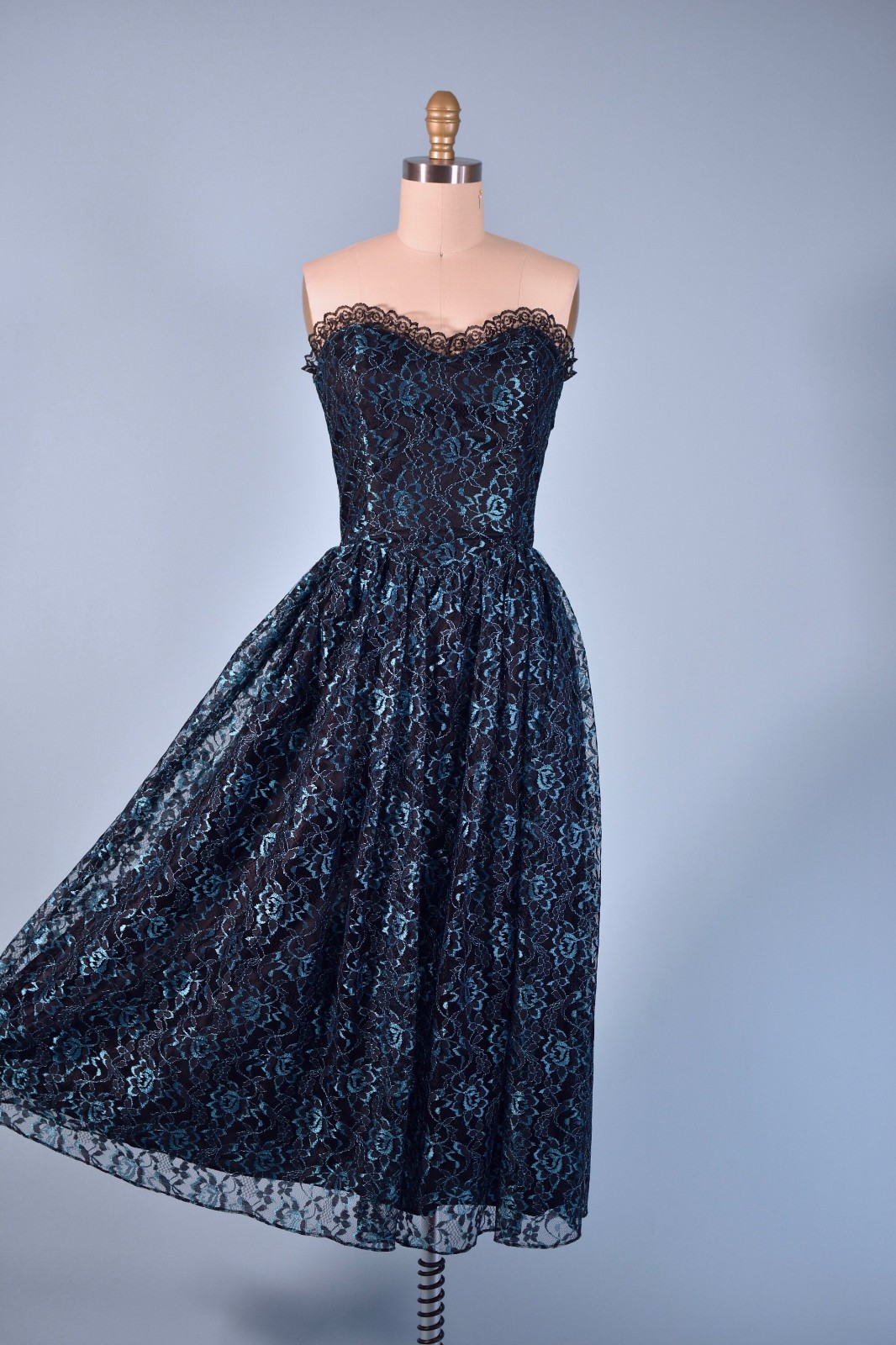 Oldstock Vintage Black and Blue Metallic Lace Sweetheart Gown