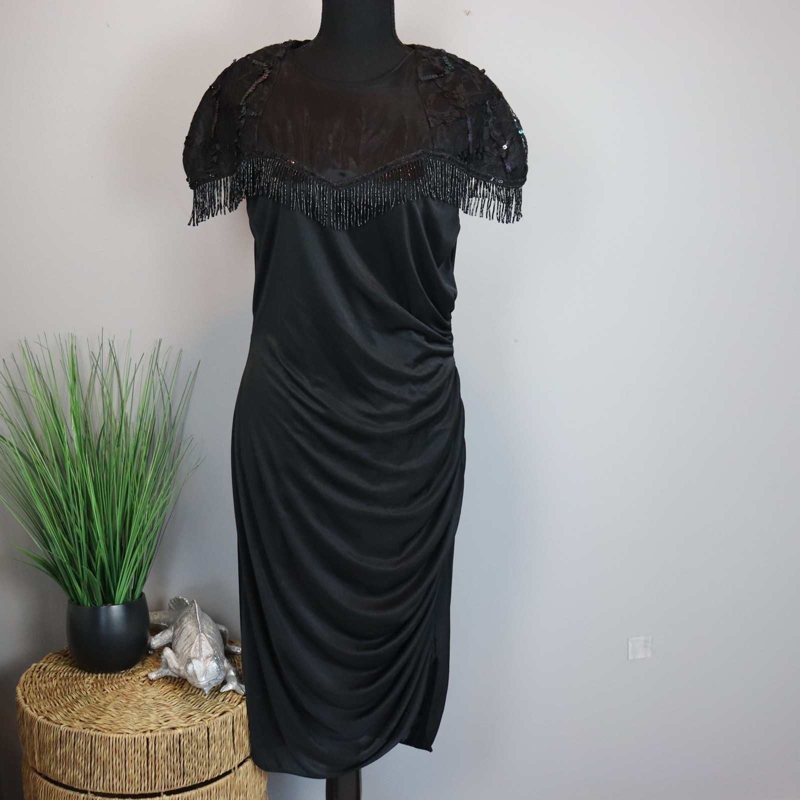 Vintage Filigree dress with sequins and beaded fringe size 14
