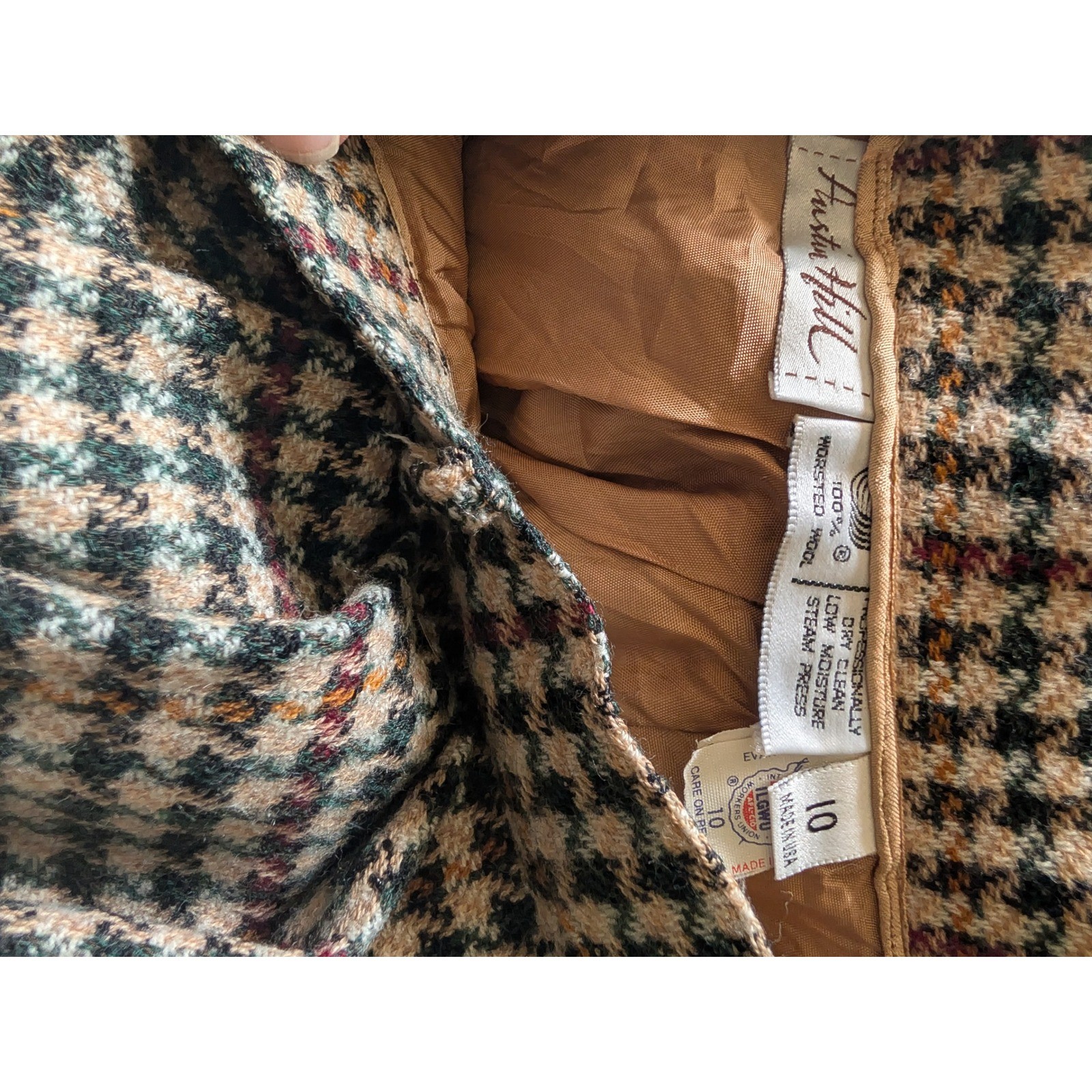 AUSTIN HILL Vintage 100% Wool Tweed Houndstooth Midi Skirt Pockets 10 Academia