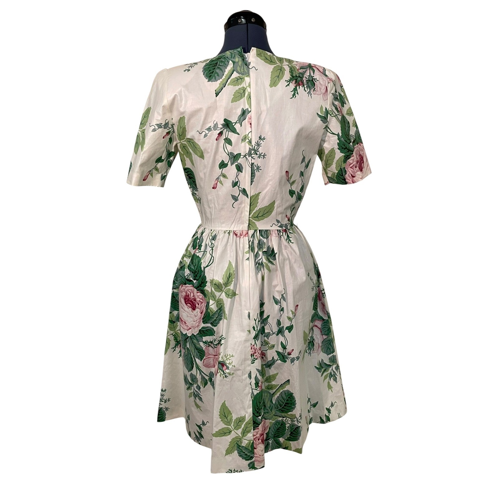 Vintage White Pink Rose Floral Fit Flare Dress Short Sleeve Cottage Romantic 6