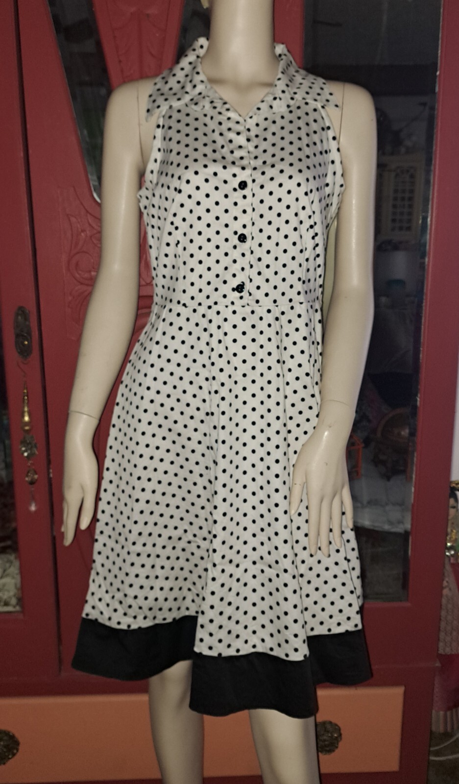 Vtg DBY Ltd Dress Y2K White Black Polka Dots Size 10 Rockabilly 50s Style Flare