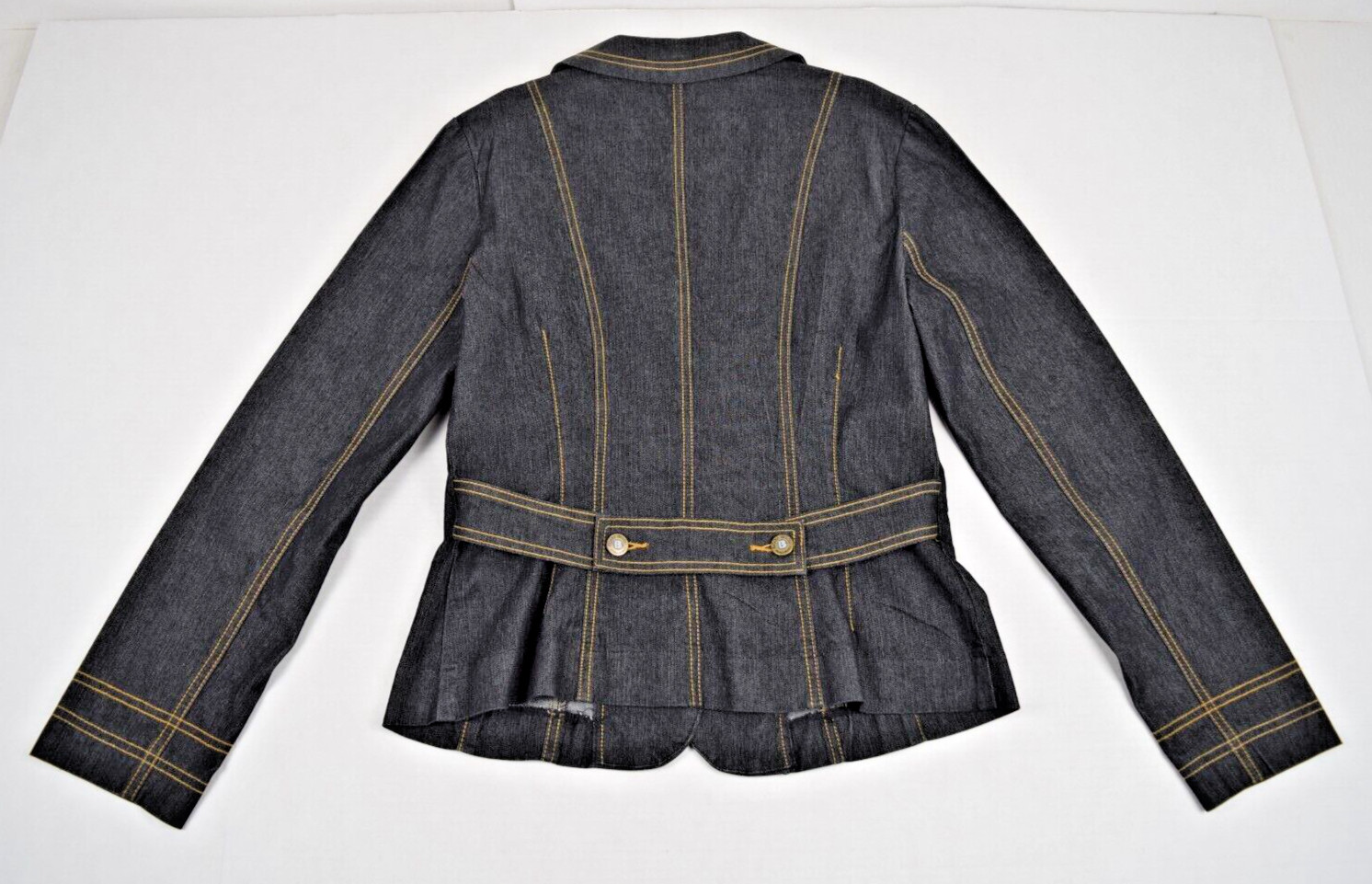 Vintage Denim Blazer Jacket Bisou Bisou Size 8 90s Blue Gold Stitch Fitted