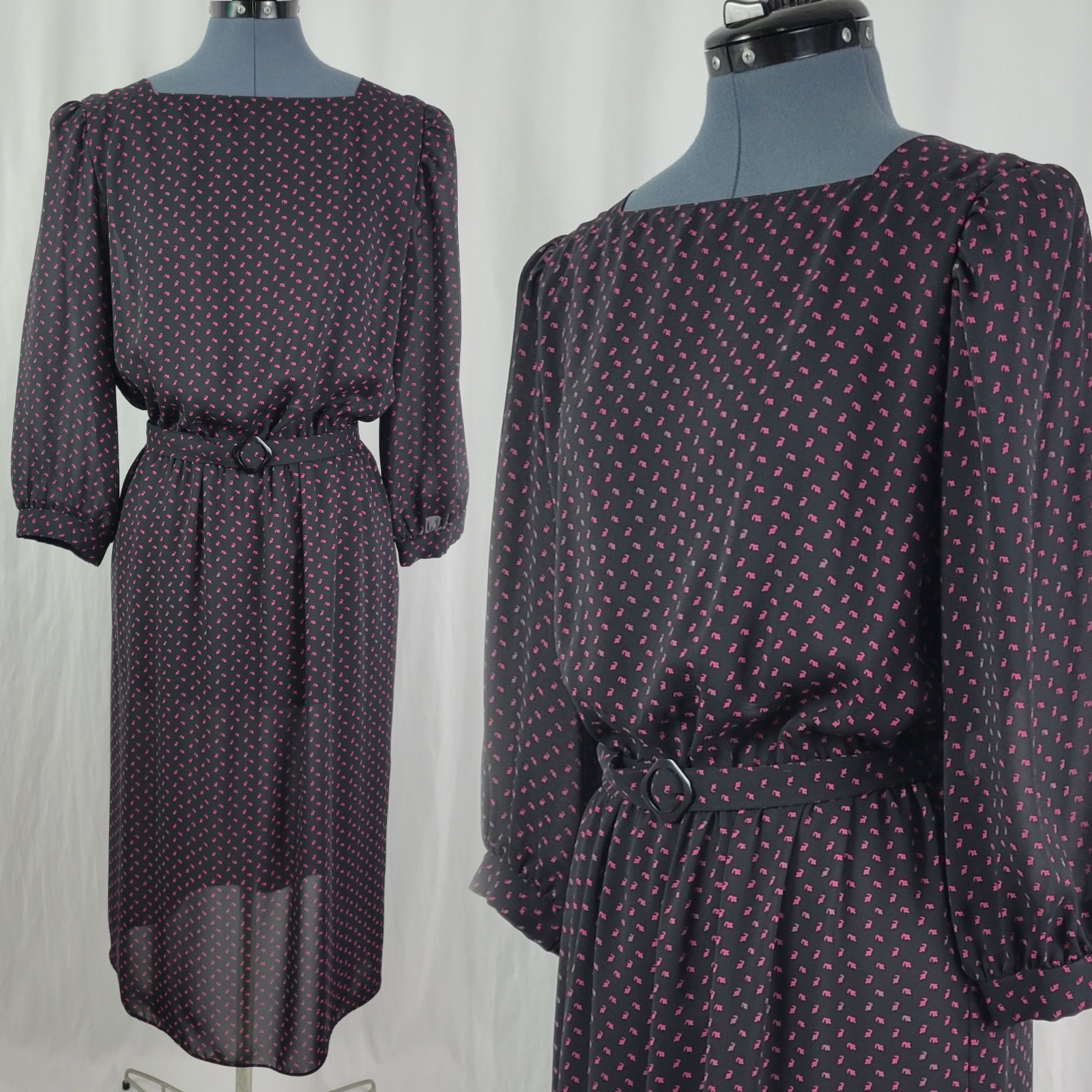 Vtg JT Dress Black Blouson Dress w Magenta Pattern Puff Sleeves & Belt Size 12