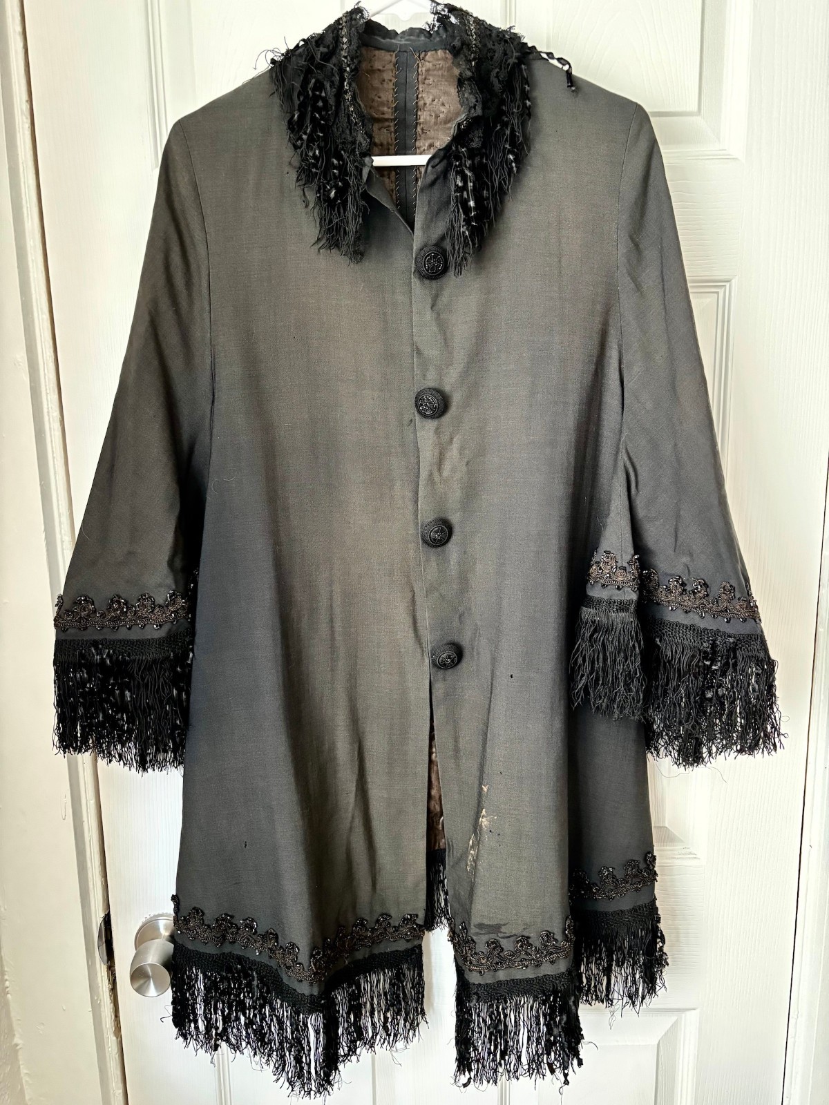 Antique Victorian Mourning Mantle Dolman Jacket Black Silk Jet Beaded c.1890s
